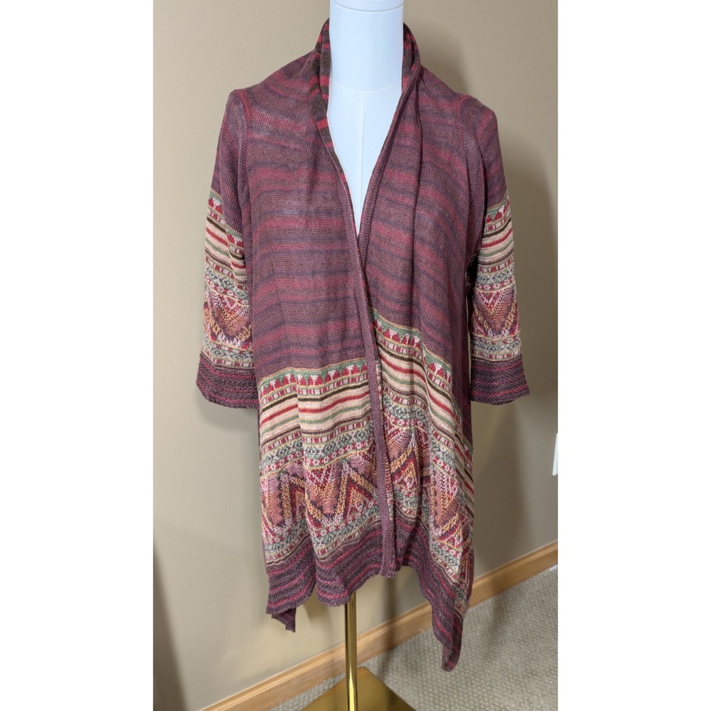 Lauren Ralph Lauren Petite M/L Linen Cardigan Fair Isle Boho Handkerchief Hem